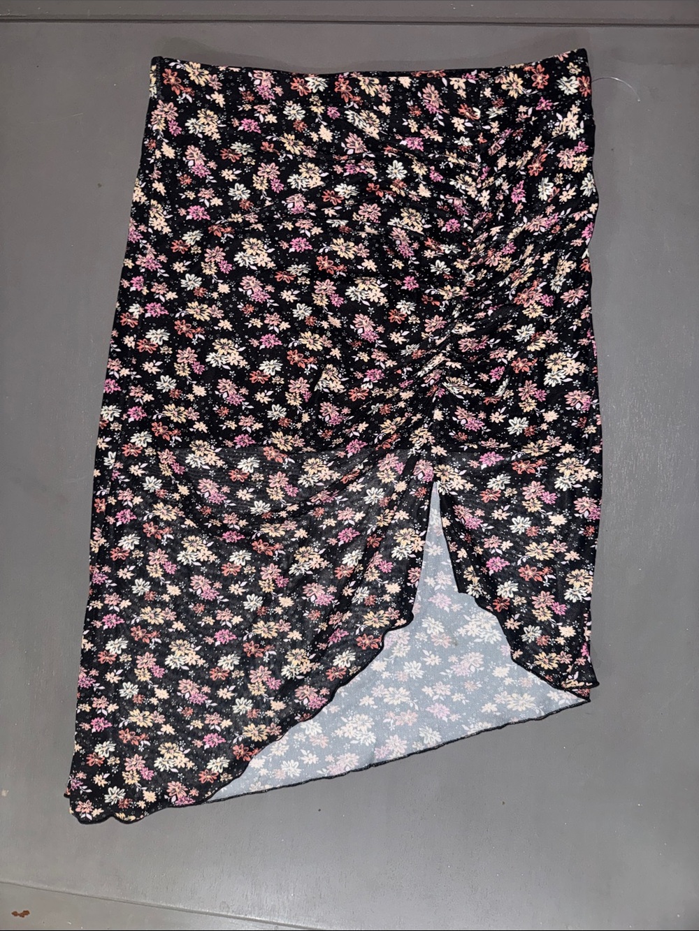 Black Floral Asymmetrical Midi Skirt with Ruched Front